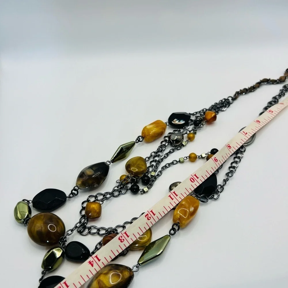 Statement Multi Strand Necklace Amber Brown Black Beads Gunmetal Chain NY Tag